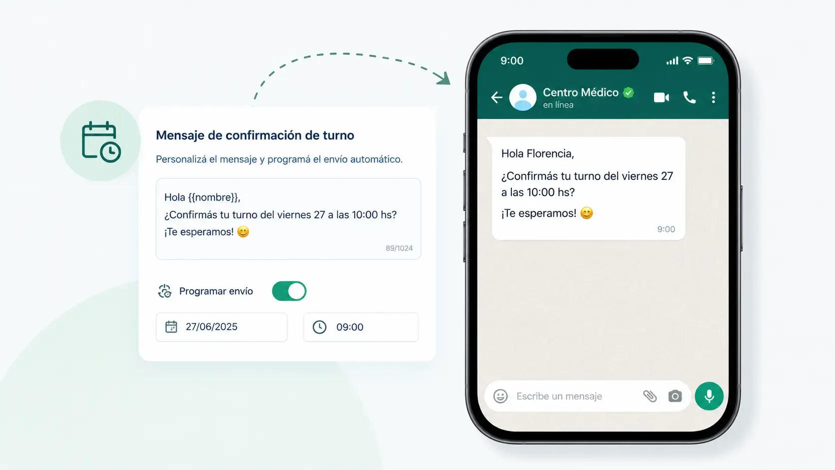 Ejemplo de un mensaje de WhatsApp programado para confirmar un turno
